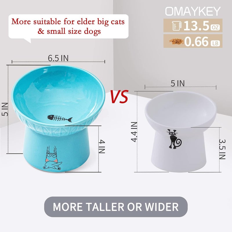 OMAYKEY 6.5 Inch Extra Wide Ceramic Raised Cat Bowls, Porcelain Tilted Elevated Cat Food Water Bowl Dish, Stress Free Pet Feeder Bowls Dishes for Elder Big Cats & Small Dogs, White & Blue - Image 3